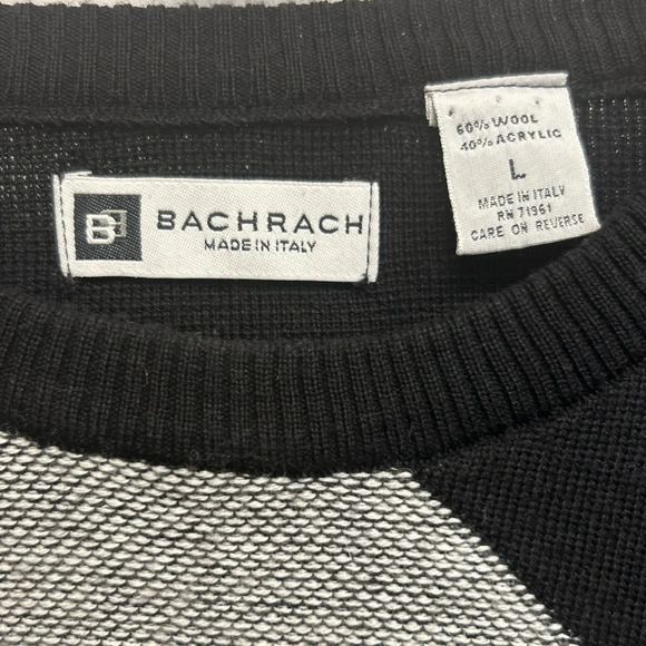 Vintage 90s Bachrach Wool Argyle Geometric Crewneck Sweater Black White - Picture 4 of 6